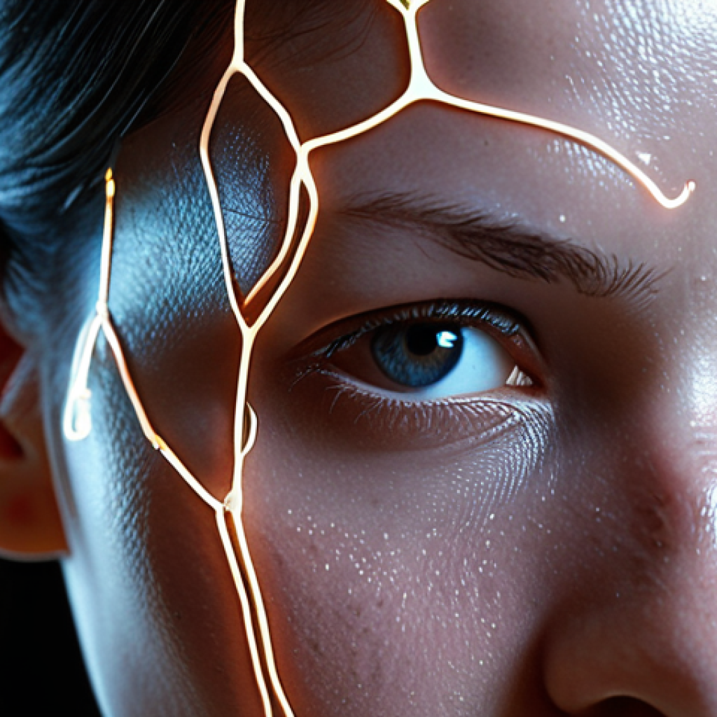 **Hybrid Identity Exploration:** A contemplative close-up portrait of a person with seamlessly integrated futuristic technology, such as subtle neural interfaces or bio-luminescent circuits visible beneath the skin, blending human biology with advanced engineering. The expression conveys thoughtfulness about the evolving definition of self and identity. Soft, ethereal lighting in a futuristic, clean environment.