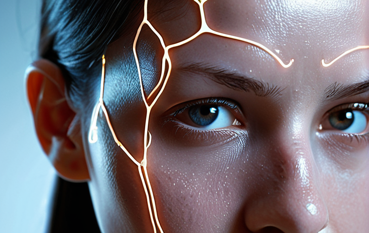 **Hybrid Identity Exploration:** A contemplative close-up portrait of a person with seamlessly integrated futuristic technology, such as subtle neural interfaces or bio-luminescent circuits visible beneath the skin, blending human biology with advanced engineering. The expression conveys thoughtfulness about the evolving definition of self and identity. Soft, ethereal lighting in a futuristic, clean environment.